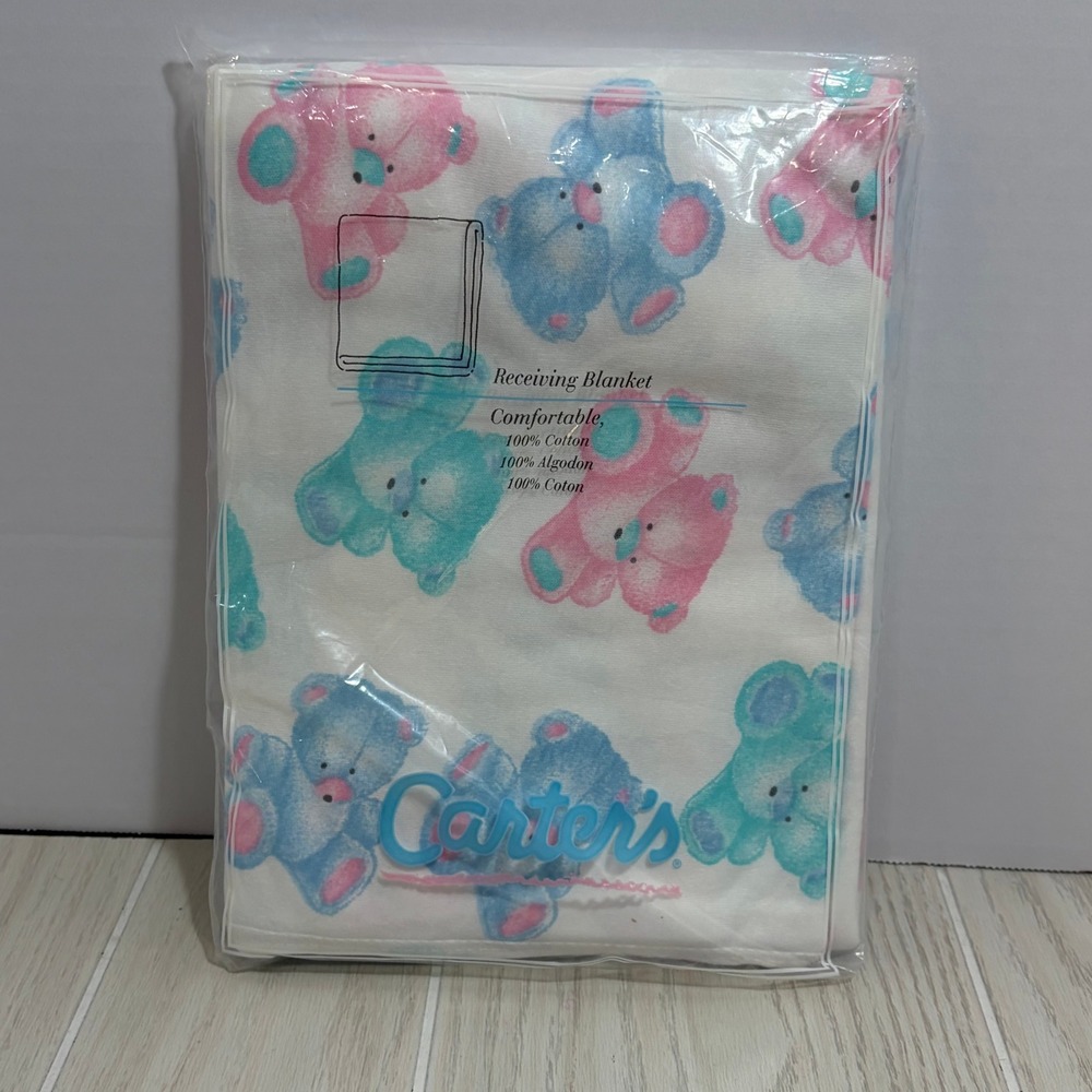 Carters Vintage Receiving Blanket 34x40  Blue Pink Pastel Teddy Bears Cotton USA